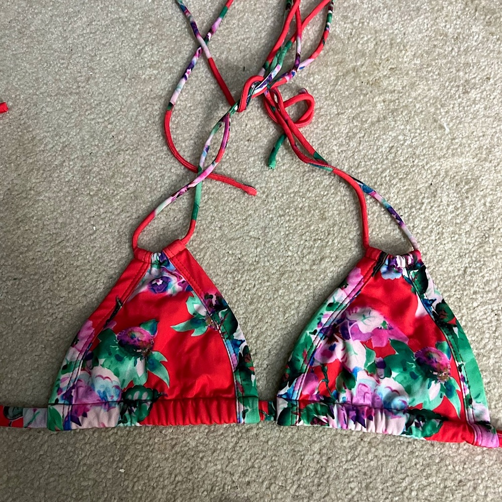 Montce red floral triangle bikini top
